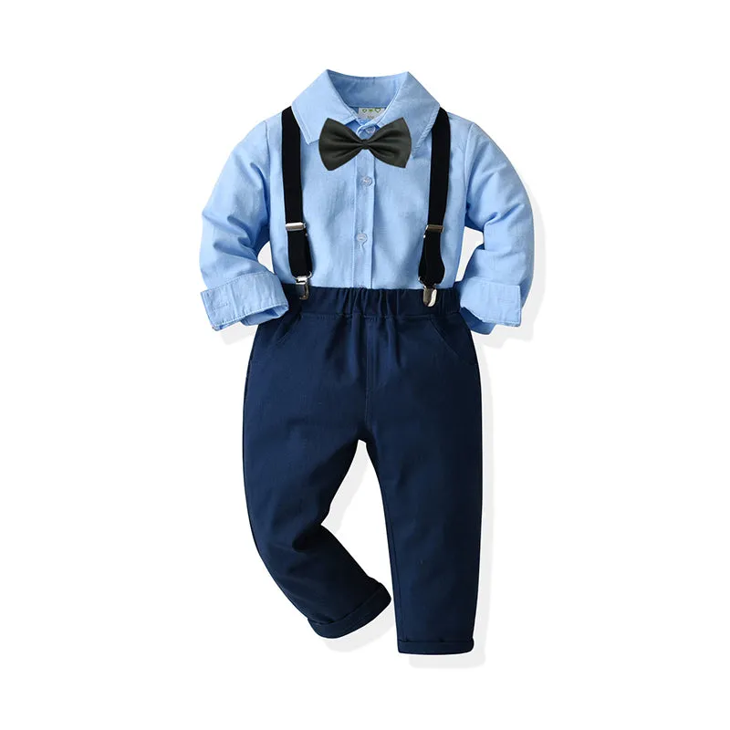2 Pieces Set Baby Kid Boys Birthday Party Bow Shirts And Solid Color Jumpsuits Wholesale 211109208