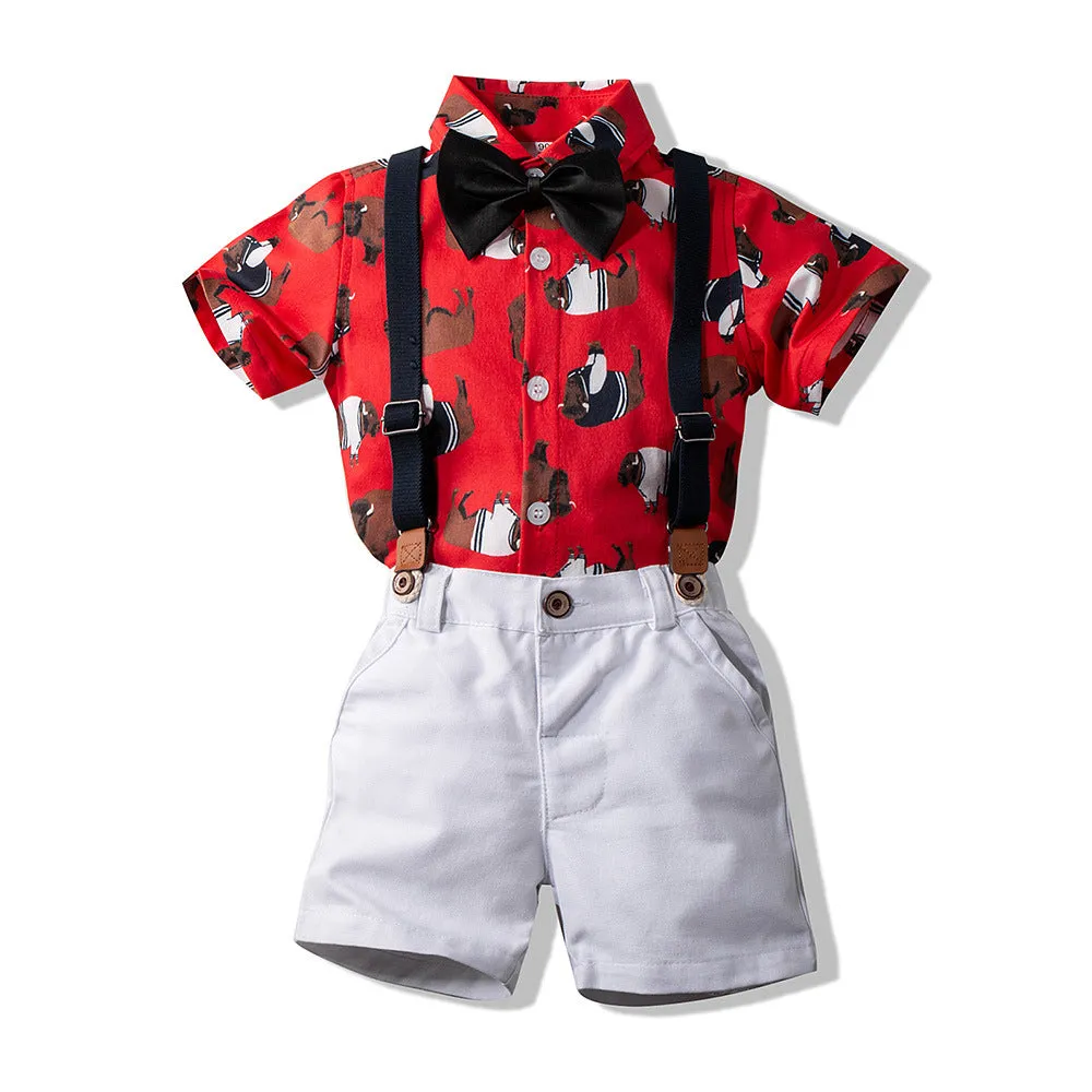 2 Pieces Set Baby Kid Boys Birthday Party Cartoon Bow Print Shirts And Color-blocking Rompers Wholesale 230308213