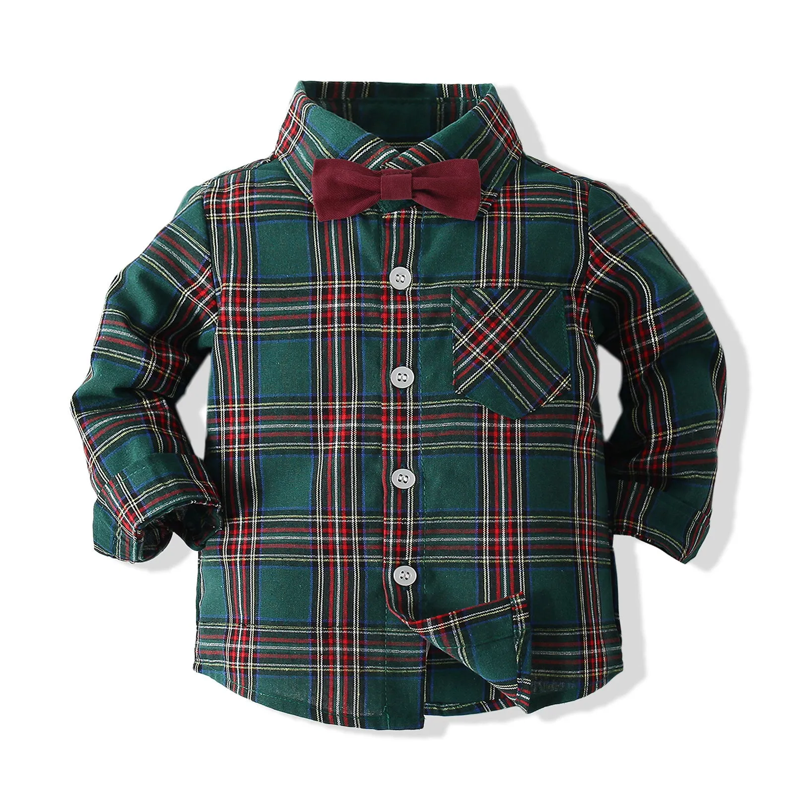 2 Pieces Set Baby Kid Boys Birthday Party Checked Bow Shirts And Solid Color Jumpsuits Wholesale 221214369