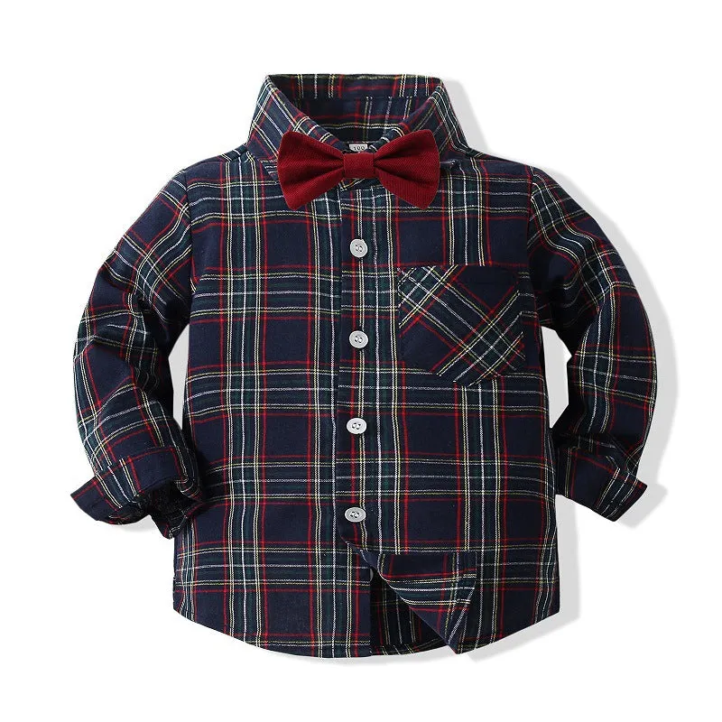 2 Pieces Set Baby Kid Boys Birthday Party Checked Bow Shirts And Solid Color Jumpsuits Wholesale 221216196