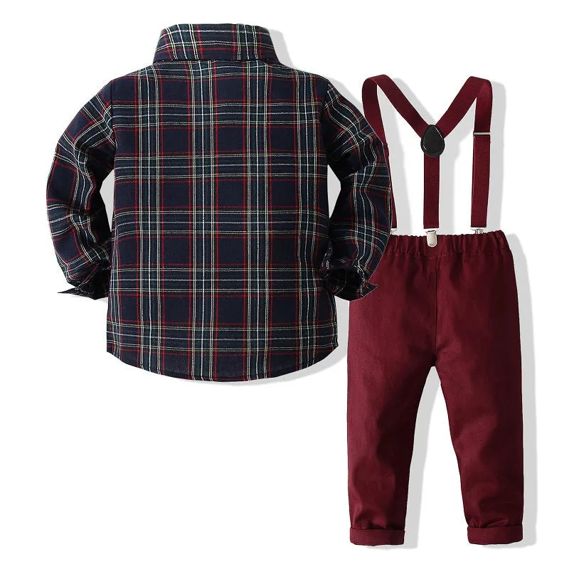2 Pieces Set Baby Kid Boys Birthday Party Checked Bow Shirts And Solid Color Jumpsuits Wholesale 221216196