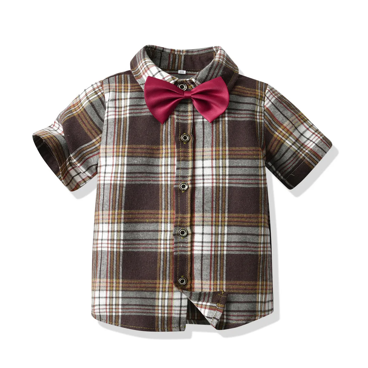 2 Pieces Set Baby Kid Boys Dressy Checked Bow Shirts And Solid Color Rompers Wholesale 22053176