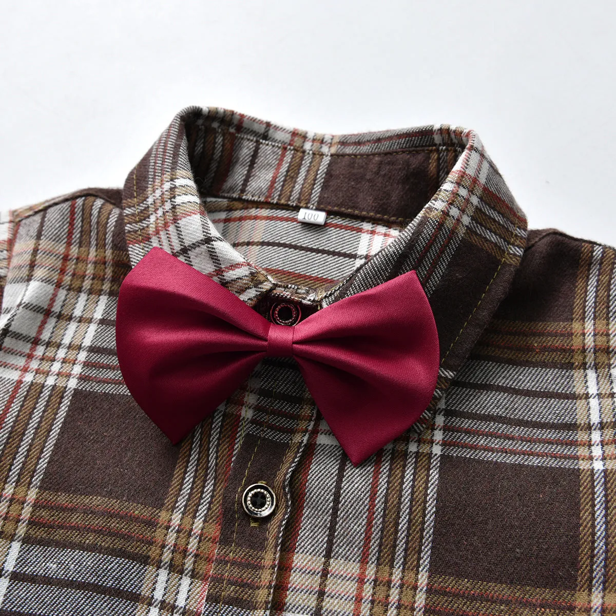 2 Pieces Set Baby Kid Boys Dressy Checked Bow Shirts And Solid Color Rompers Wholesale 22053176