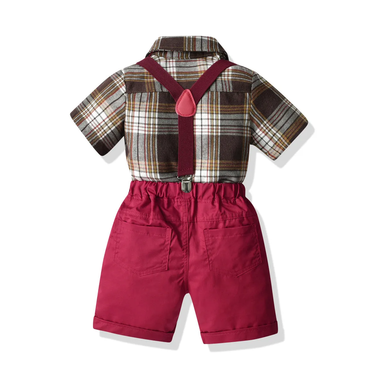 2 Pieces Set Baby Kid Boys Dressy Checked Bow Shirts And Solid Color Rompers Wholesale 22053176