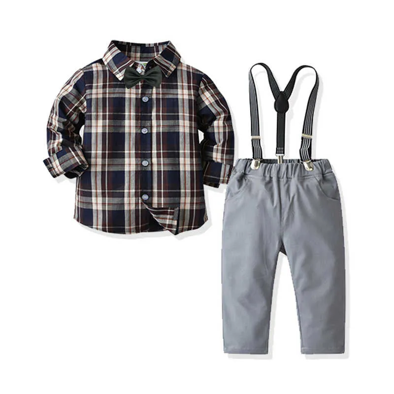 2 Pieces Set Baby Kid Boys Dressy Checked Bow Shirts And Suits Trousers Wholesale 211109435