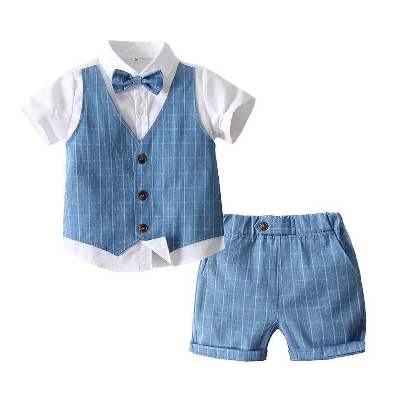 2 Pieces Set Baby Kid Boys Dressy Color-blocking Bow Shirts And Solid Color Shorts Wholesale 220425286