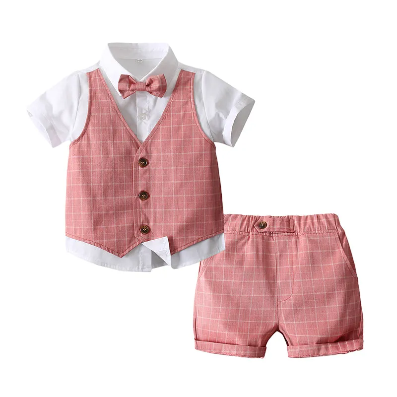2 Pieces Set Baby Kid Boys Dressy Color-blocking Bow Shirts And Solid Color Shorts Wholesale 220425286