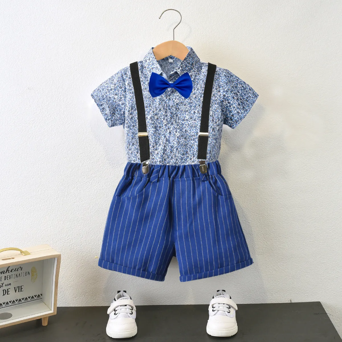 2 Pieces Set Baby Kid Boys Flower Bow Print Shirts And Striped Shorts Wholesale 220531251