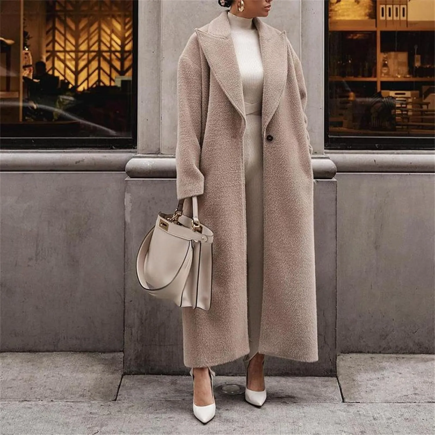 2024 Women's Fall Winter Lapel Single Breasted Blend Maxi Trench Coat Long Sleeve Open Front Overcoat Jacket