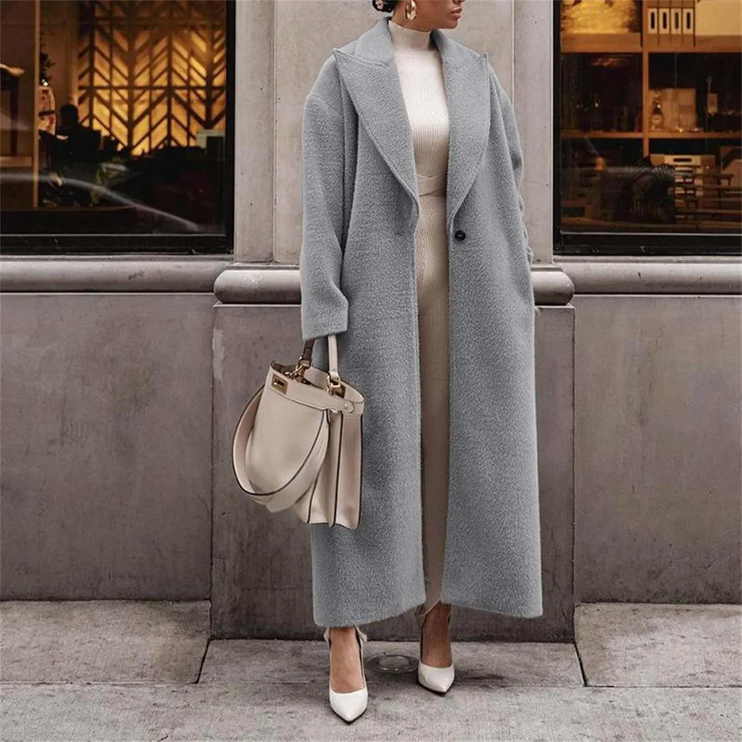 2024 Women's Fall Winter Lapel Single Breasted Blend Maxi Trench Coat Long Sleeve Open Front Overcoat Jacket