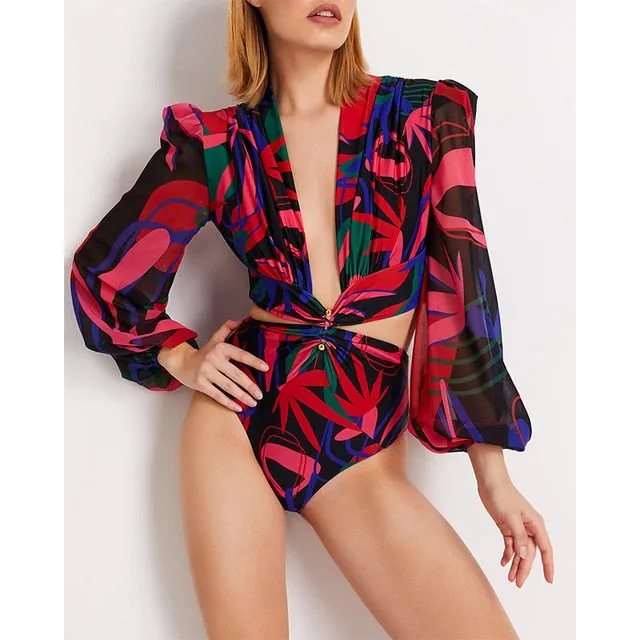 2025 Women's Long Sleeve Surfing Swimsuit | One-Piece Bodysuit with Leaf Print, Sexy Push-Up Bikini, Summer Swimwear
