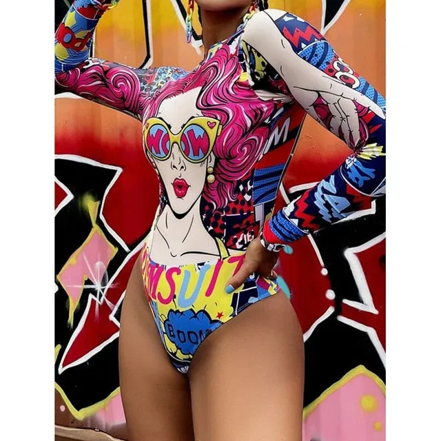 2025 Women's Long Sleeve Surfing Swimsuit | One-Piece Bodysuit with Leaf Print, Sexy Push-Up Bikini, Summer Swimwear