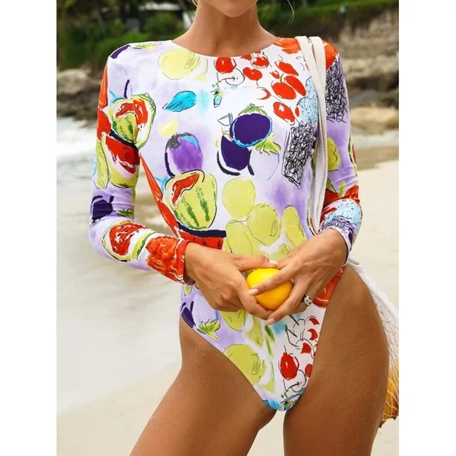 2025 Women's Long Sleeve Surfing Swimsuit | One-Piece Bodysuit with Leaf Print, Sexy Push-Up Bikini, Summer Swimwear