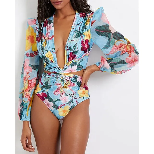 2025 Women's Long Sleeve Surfing Swimsuit | One-Piece Bodysuit with Leaf Print, Sexy Push-Up Bikini, Summer Swimwear