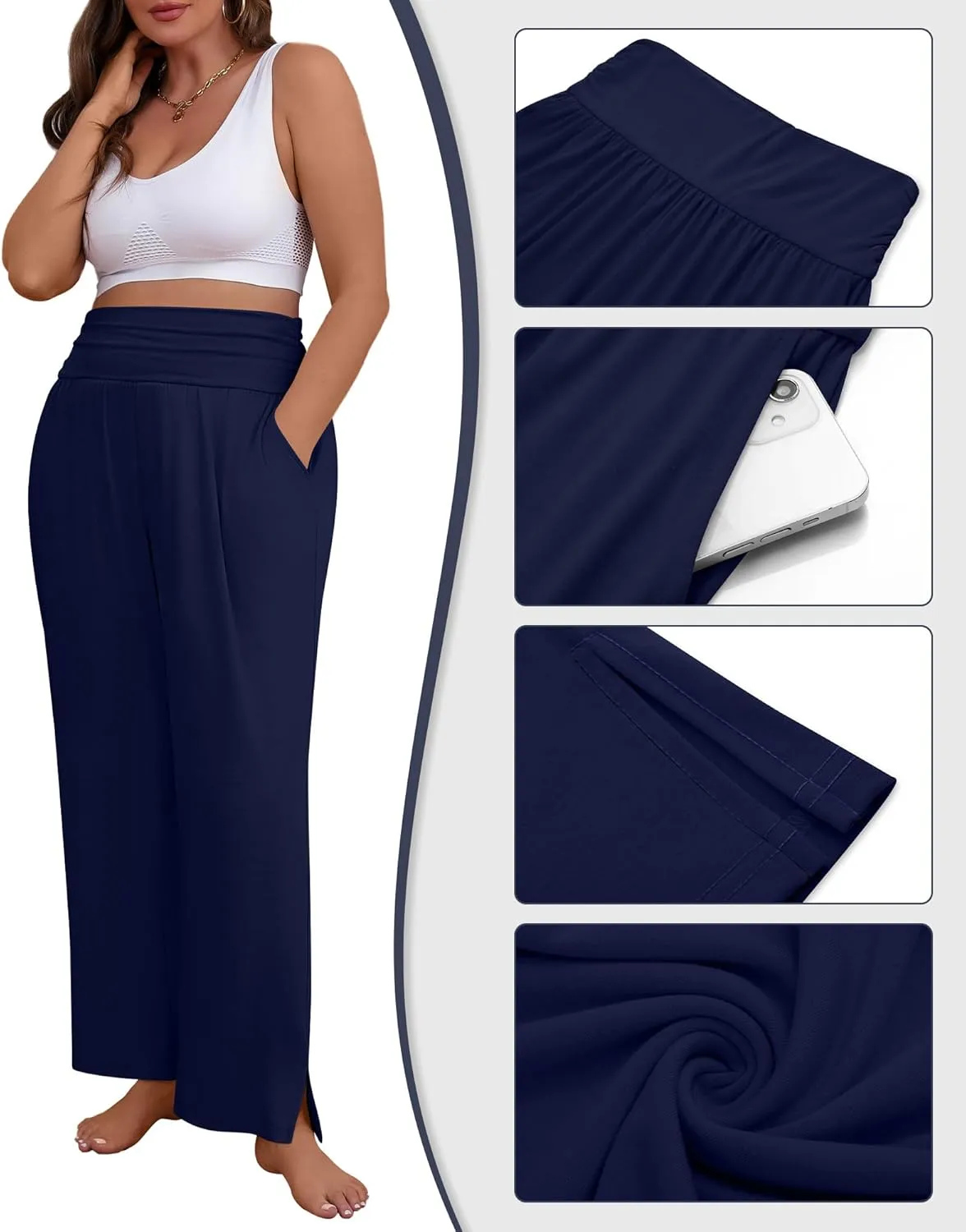 3 Pack Women's Plus Size Pleated Wide Leg Pants, Side Slit Lounge Yoga Pants Casual High Waist Palazzo with Pockets