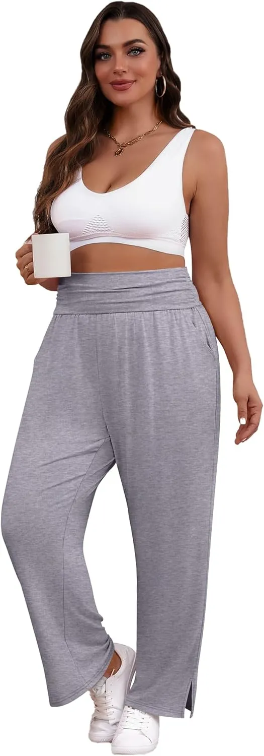 3 Pack Women's Plus Size Pleated Wide Leg Pants, Side Slit Lounge Yoga Pants Casual High Waist Palazzo with Pockets