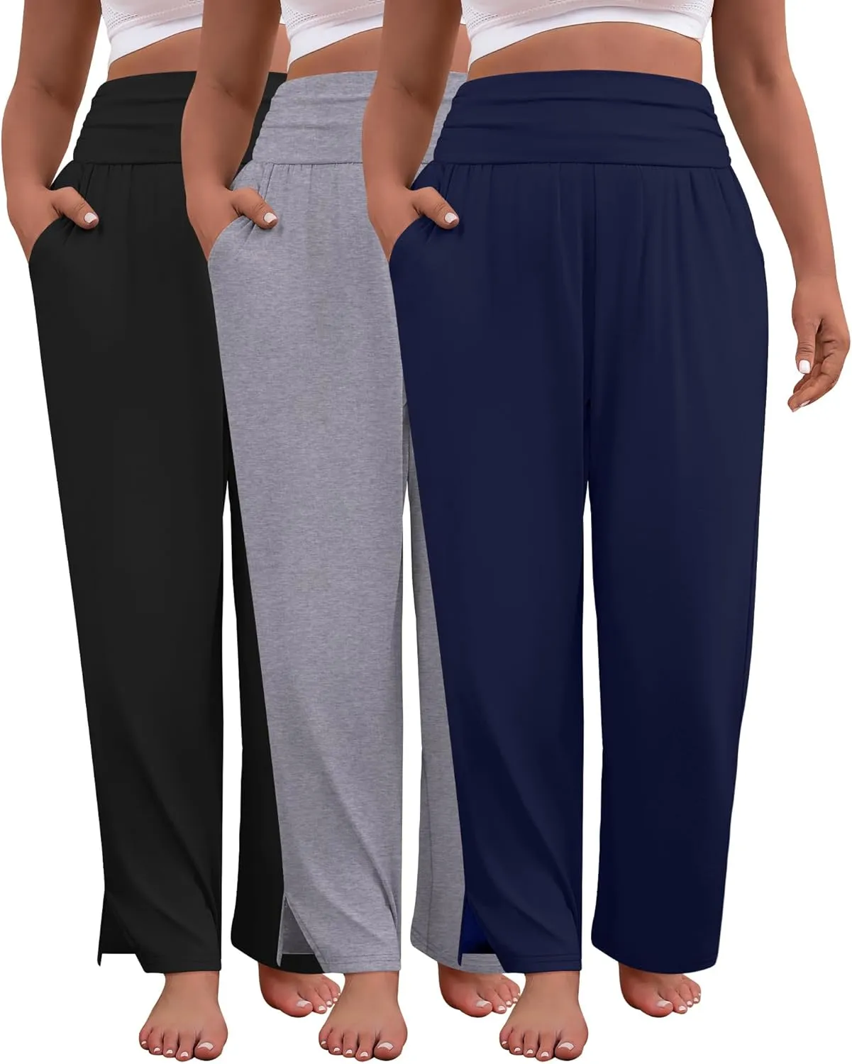 3 Pack Women's Plus Size Pleated Wide Leg Pants, Side Slit Lounge Yoga Pants Casual High Waist Palazzo with Pockets