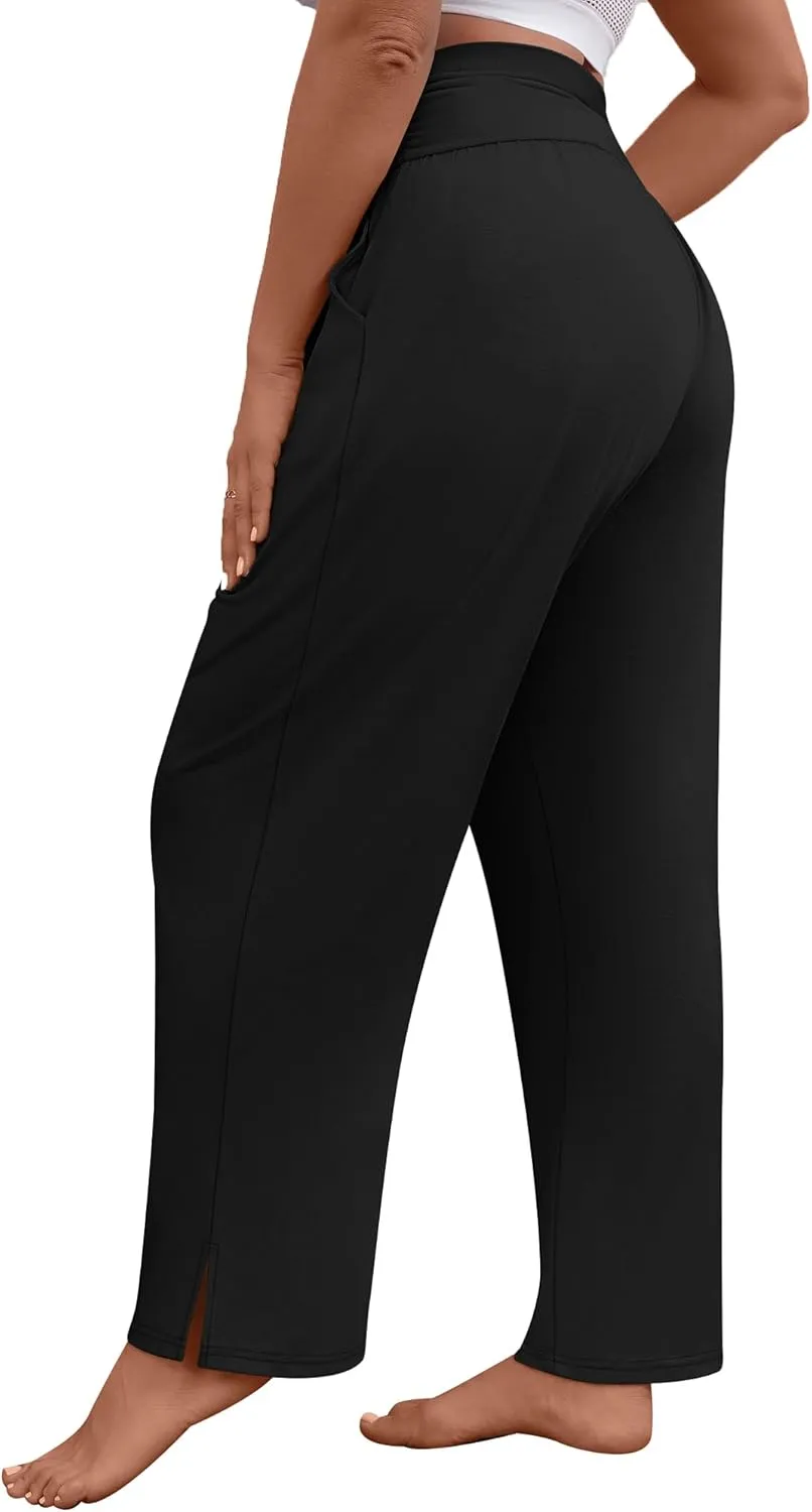 3 Pack Women's Plus Size Pleated Wide Leg Pants, Side Slit Lounge Yoga Pants Casual High Waist Palazzo with Pockets
