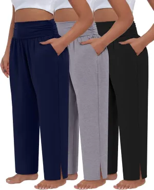 3 Pack Women's Plus Size Pleated Wide Leg Pants, Side Slit Lounge Yoga Pants Casual High Waist Palazzo with Pockets