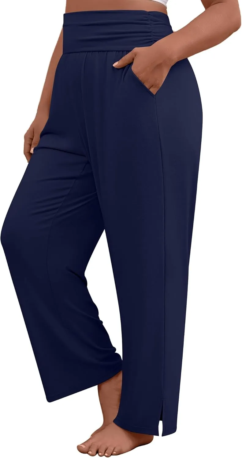 3 Pack Women's Plus Size Pleated Wide Leg Pants, Side Slit Lounge Yoga Pants Casual High Waist Palazzo with Pockets