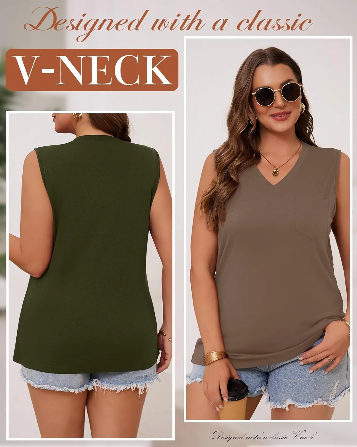 3 Pack Women's Plus Size Tank Tops Casual Summer Sleeveless V Neck Loose Fit Knit Tunic Basic T-Shirts with Pocket
