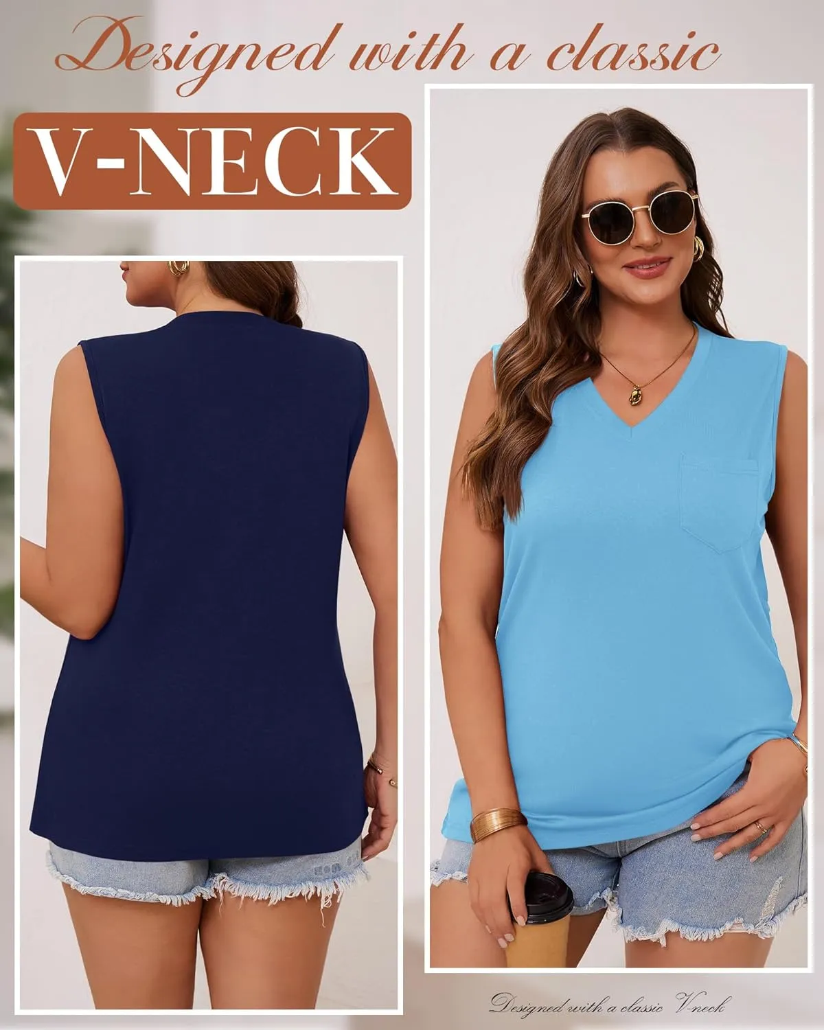 3 Pack Women's Plus Size Tank Tops Casual Summer Sleeveless V Neck Loose Fit Knit Tunic Basic T-Shirts with Pocket