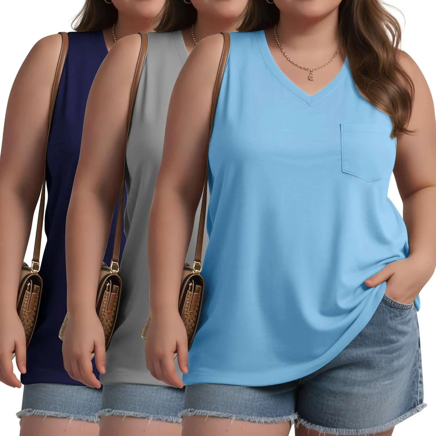 3 Pack Women's Plus Size Tank Tops Casual Summer Sleeveless V Neck Loose Fit Knit Tunic Basic T-Shirts with Pocket