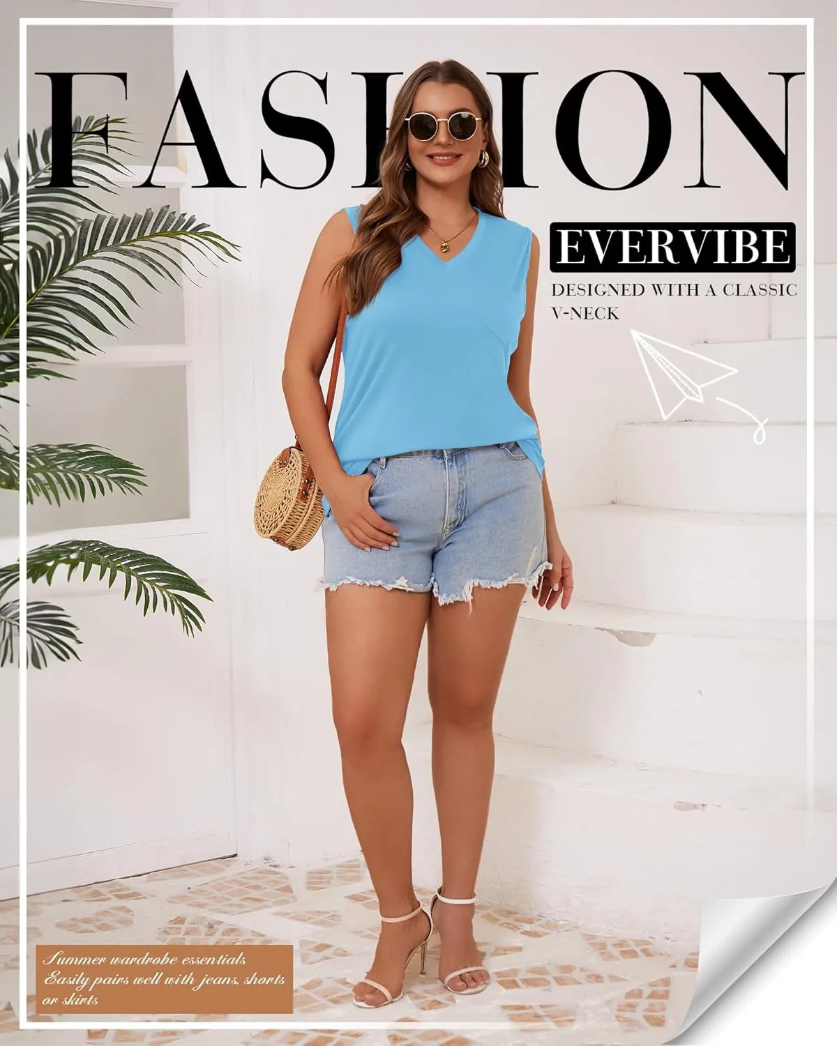 3 Pack Women's Plus Size Tank Tops Casual Summer Sleeveless V Neck Loose Fit Knit Tunic Basic T-Shirts with Pocket
