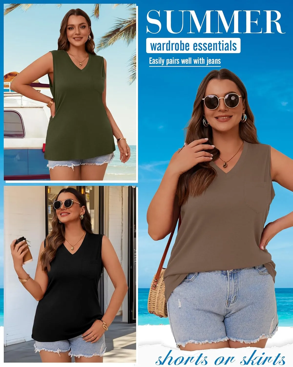 3 Pack Women's Plus Size Tank Tops Casual Summer Sleeveless V Neck Loose Fit Knit Tunic Basic T-Shirts with Pocket