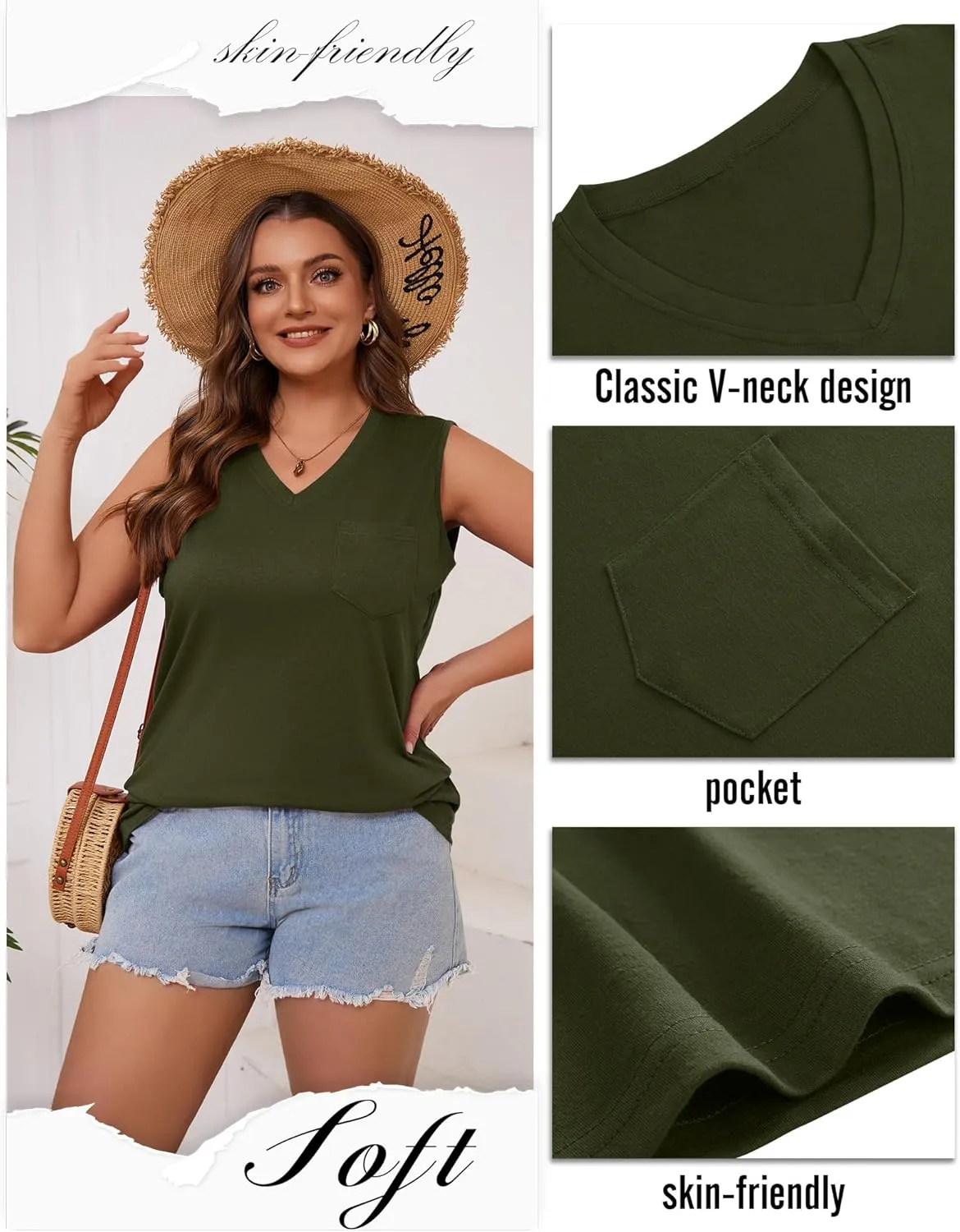 3 Pack Women's Plus Size Tank Tops Casual Summer Sleeveless V Neck Loose Fit Knit Tunic Basic T-Shirts with Pocket