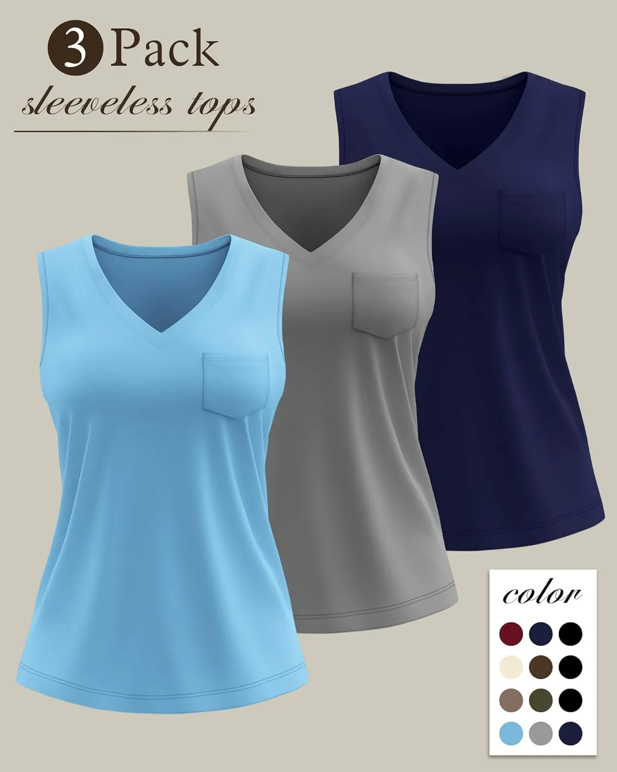 3 Pack Women's Plus Size Tank Tops Casual Summer Sleeveless V Neck Loose Fit Knit Tunic Basic T-Shirts with Pocket