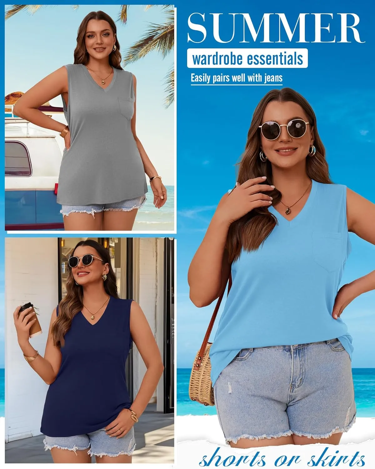 3 Pack Women's Plus Size Tank Tops Casual Summer Sleeveless V Neck Loose Fit Knit Tunic Basic T-Shirts with Pocket