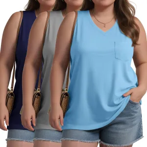 3 Pack Women's Plus Size Tank Tops Casual Summer Sleeveless V Neck Loose Fit Knit Tunic Basic T-Shirts with Pocket
