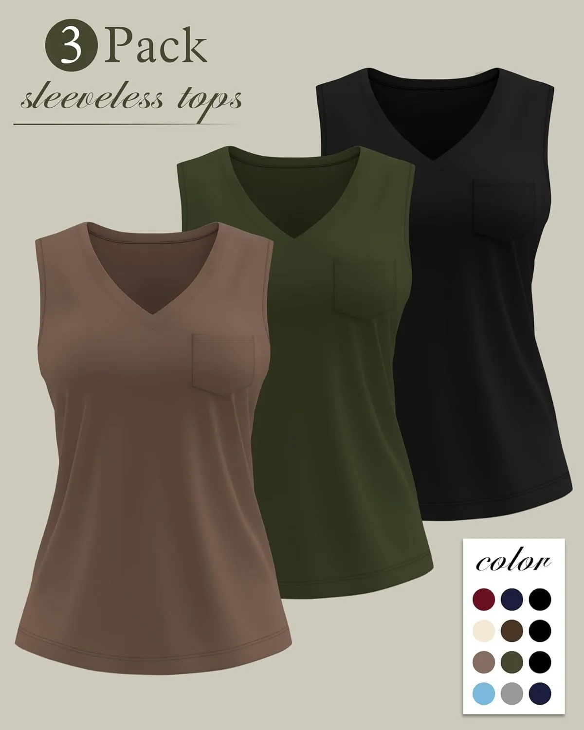 3 Pack Women's Plus Size Tank Tops Casual Summer Sleeveless V Neck Loose Fit Knit Tunic Basic T-Shirts with Pocket