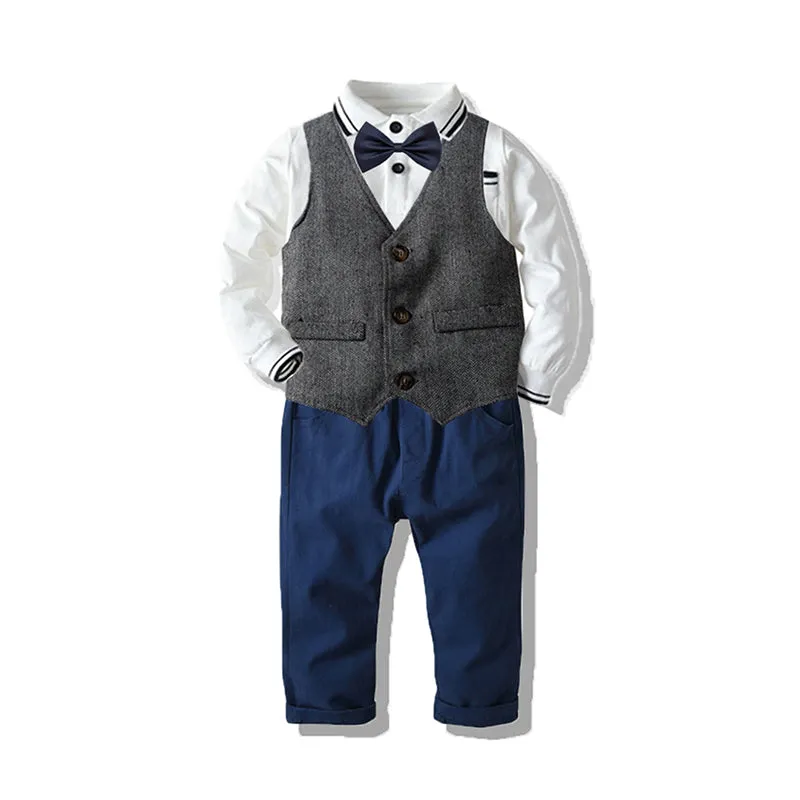 3 Pieces Set Baby Kid Boys Birthday Party Striped Bow Polo Shirts Solid Color Vests Waistcoats And Pants Wholesale 211109169