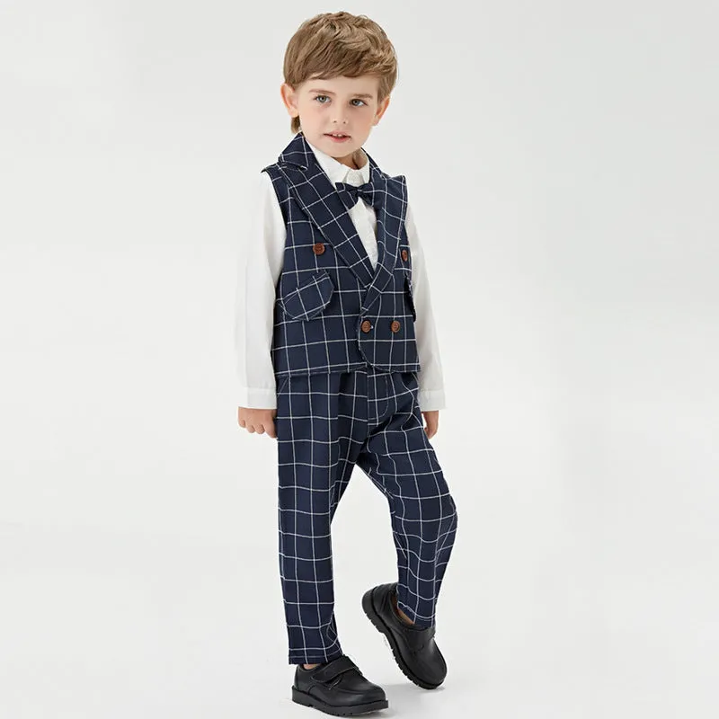3 Pieces Set Baby Kid Boys Dressy Bow Shirts Checked Vests Waistcoats And Suits Trousers Wholesale 220302236