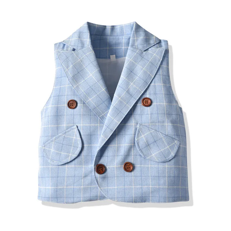 3 Pieces Set Baby Kid Boys Dressy Bow Shirts Checked Vests Waistcoats And Suits Trousers Wholesale 220302236