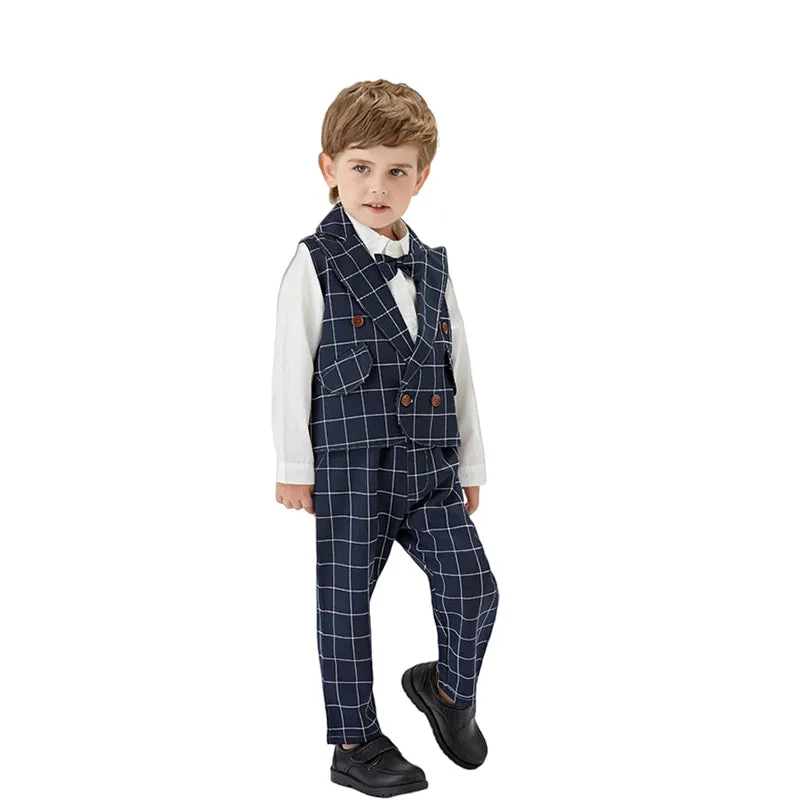 3 Pieces Set Baby Kid Boys Dressy Bow Shirts Checked Vests Waistcoats And Suits Trousers Wholesale 220302236