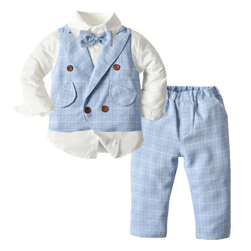 3 Pieces Set Baby Kid Boys Dressy Bow Shirts Checked Vests Waistcoats And Suits Trousers Wholesale 220302236