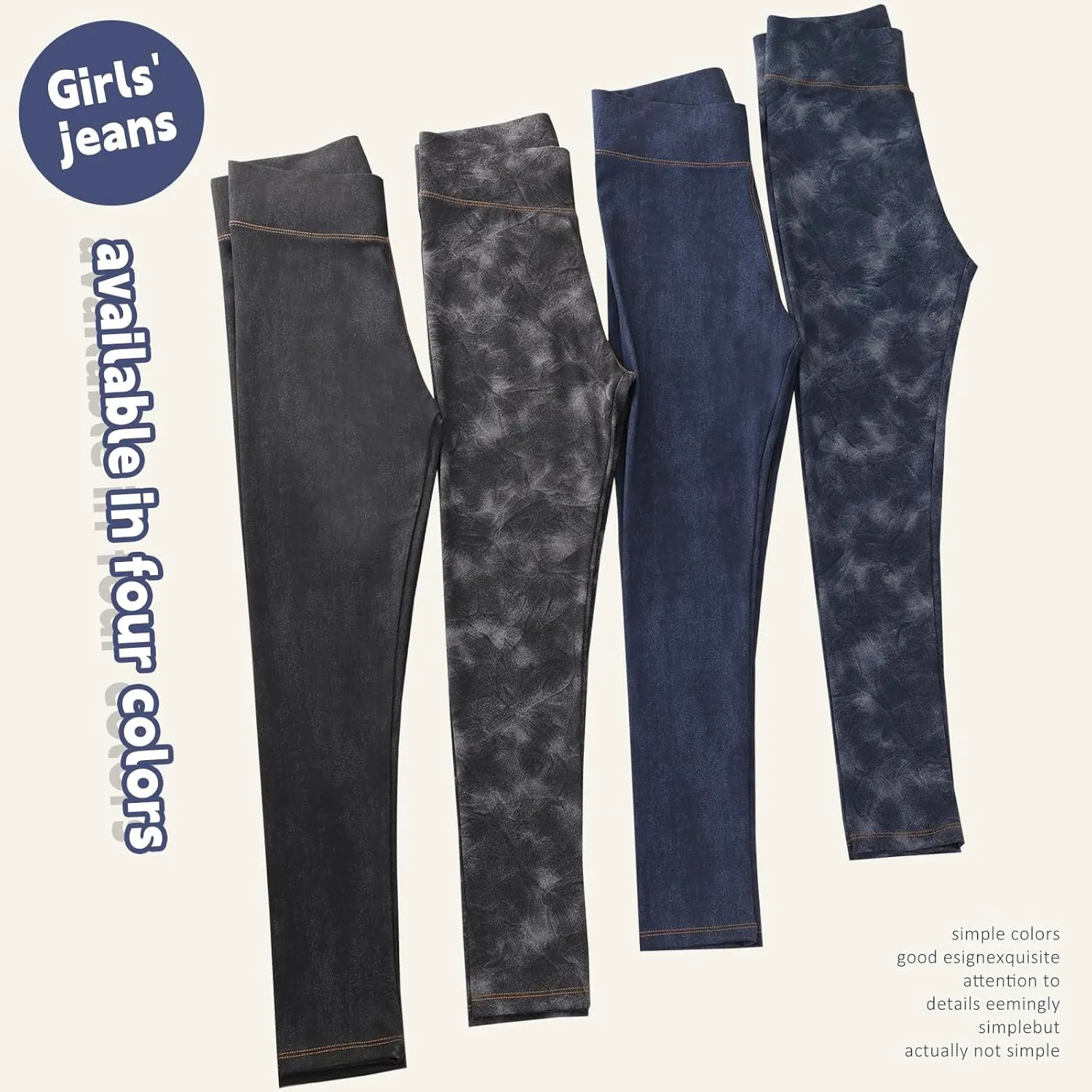 4 Pack Girls Jeggings Girls Imitation Denim Print Leggings Girl's Stretchy Pants Kids High Waist Slim Pants