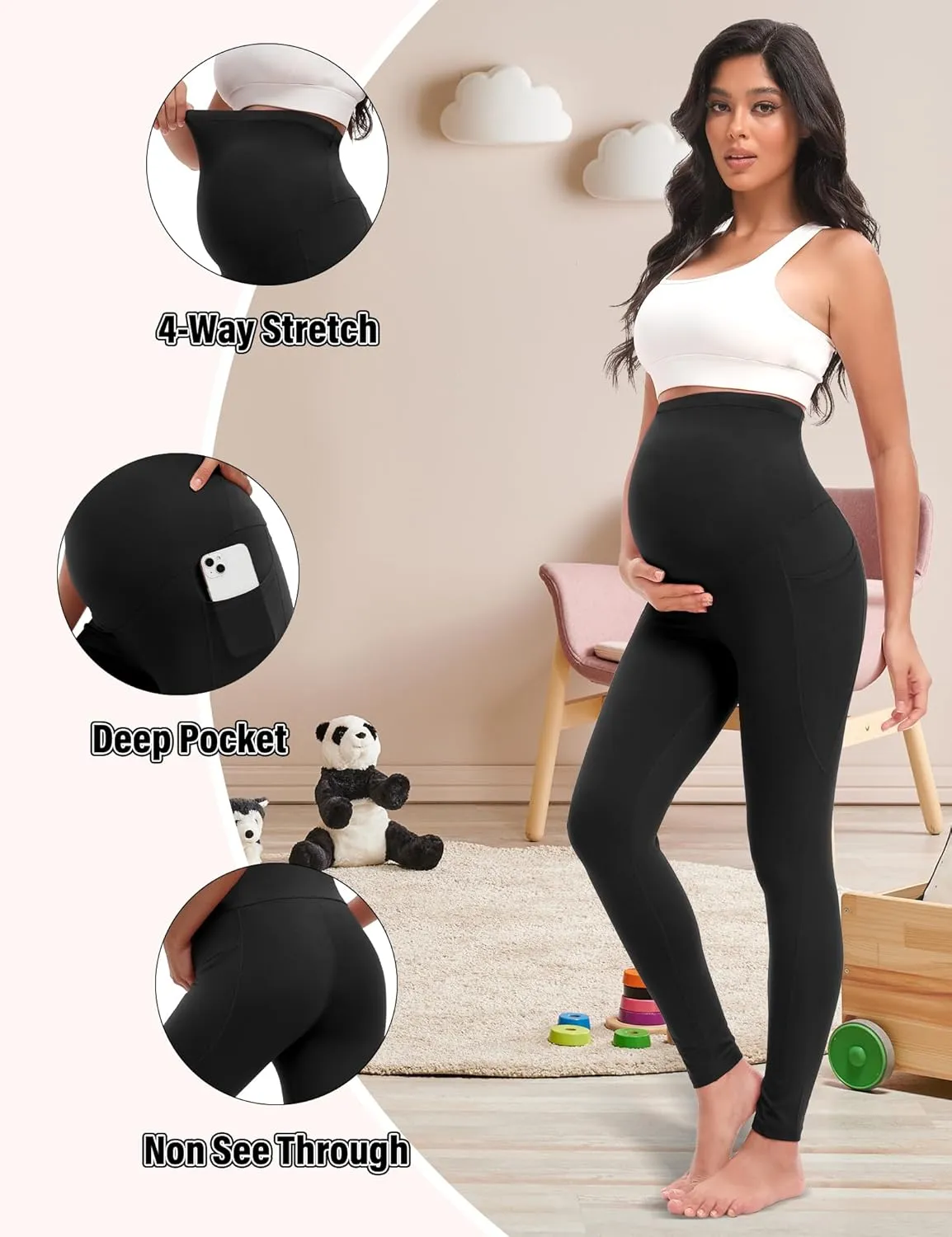 4 Pack Womens Maternity Leggings with Pockets Over the Belly Pregnancy Workout Yoga Pants Activewear