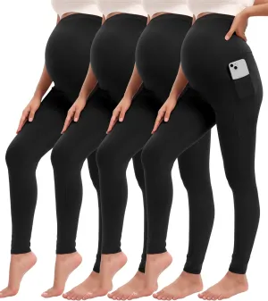 4 Pack Womens Maternity Leggings with Pockets Over the Belly Pregnancy Workout Yoga Pants Activewear