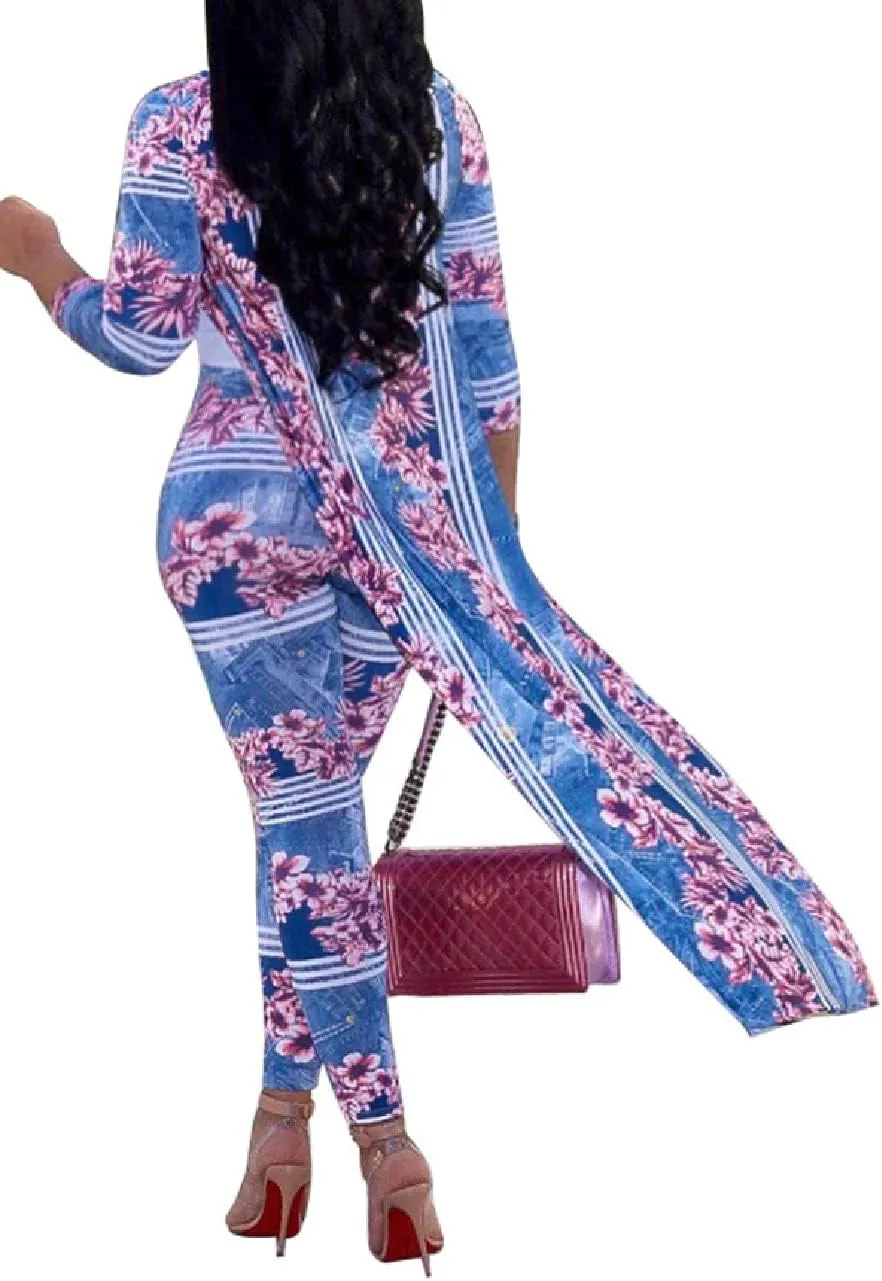 A ADILACA Womens 2 Piece Outfits Floral Print Open Front Cardigan and Pants Set (8 Color, S-4XL)