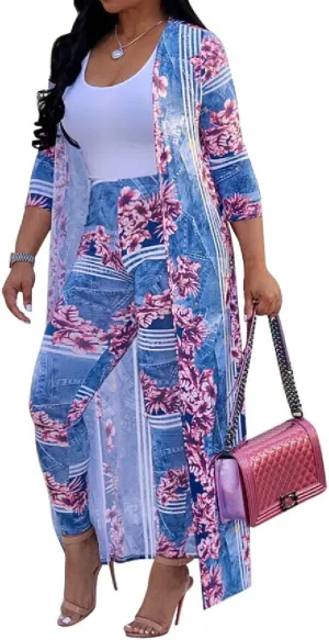 A ADILACA Womens 2 Piece Outfits Floral Print Open Front Cardigan and Pants Set (8 Color, S-4XL)