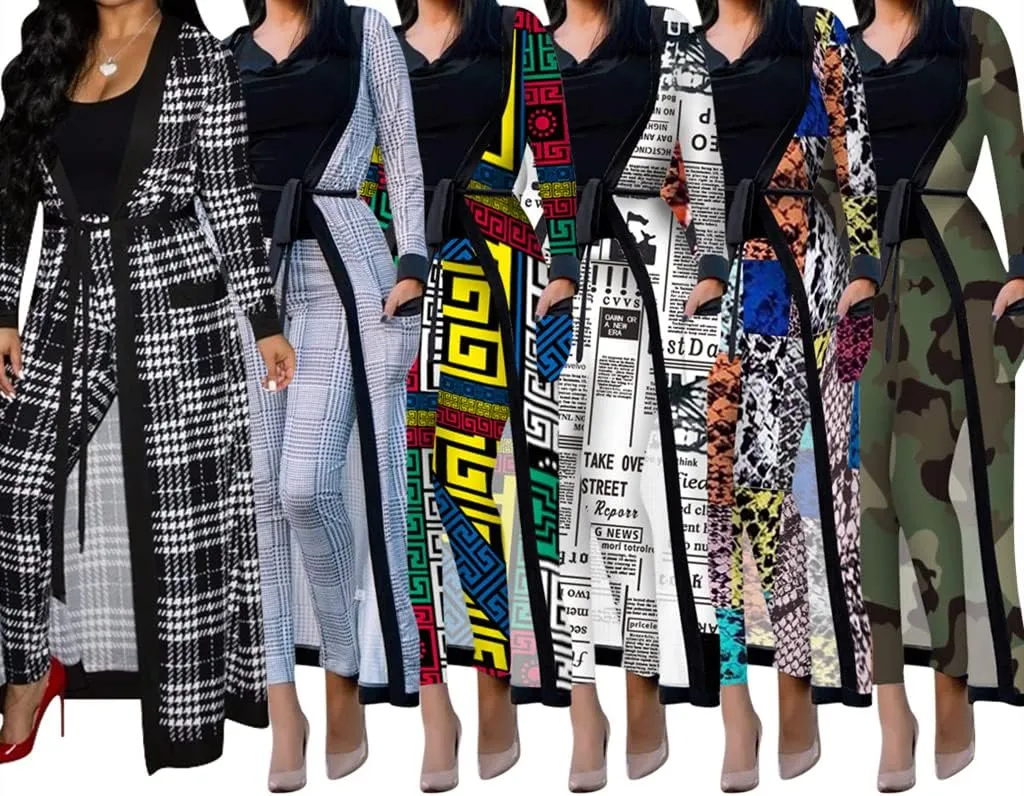 A ADILACA Women's 2 Piece Print Outfits Clubwear Long Sleeve Open Cardigan Pants Set Suits (7 Color, S-2XL)