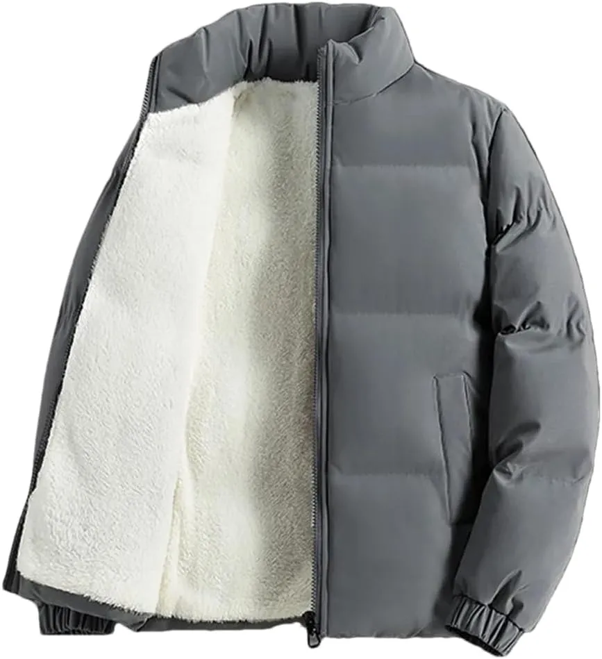 Adhdyuud Men Jacket Fleece Thickened Cotton Padded Jackets Casual Stand Collar Coats With Zipper Pocket gray9 XL (60kg-65kg)