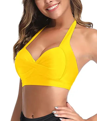 Adjustable Tie Halter Neck Retro Bikini Top For Women-Neon Yellow