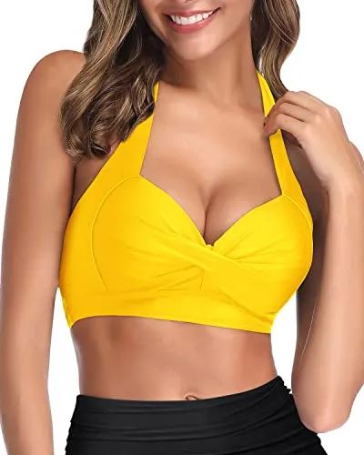 Adjustable Tie Halter Neck Retro Bikini Top For Women-Neon Yellow