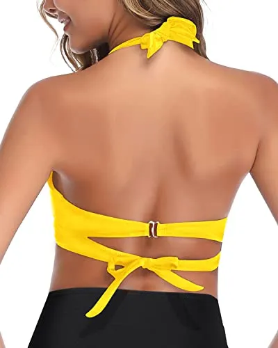 Adjustable Tie Halter Neck Retro Bikini Top For Women-Neon Yellow