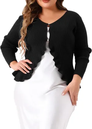 Agnes Orinda Plus Size Cardigans for Women Long Sleeve Knit Sweater Open Front Ruffled Button Cardigan Outerwear
